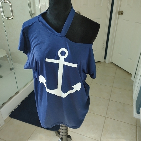 CBR Navy Blue Anchor Tee Cap Sleeves Decorative Neckline XL NEW - Picture 5 of 10